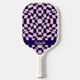 Palas De Pickleball Monograma de tablero de ajedrez azul y rosa