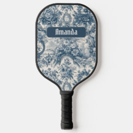Palas De Pickleball Monograma de tela azul de jouy floral vintage