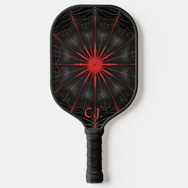 Palas De Pickleball Monograma de textura de araña gótica negra y roja (Anverso)