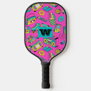 Palas De Pickleball Monograma del patrón colorido neón rosado retro 80