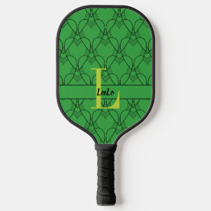 Palas De Pickleball Monograma del patrón de corazón verde y Personaliz