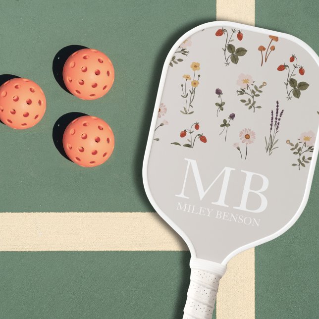 Palas De Pickleball Monograma del patrón de flores silvestres de la co (Floral Preppy Wildflowers Monogram Personalized Pickleball Paddle)