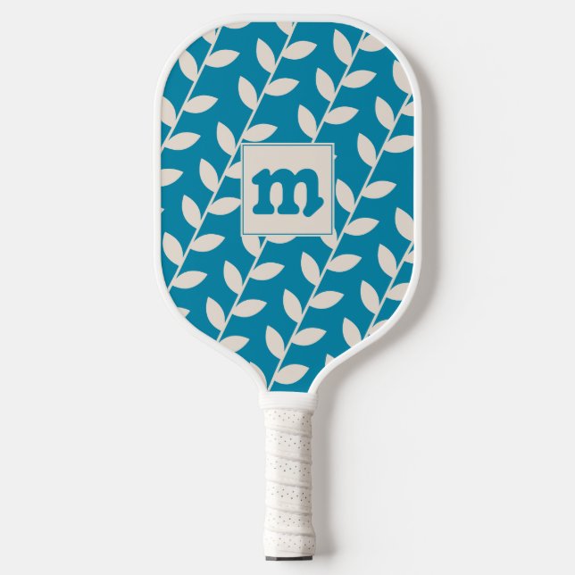 Palas De Pickleball Monograma del patrón de hoja azul personalizado 70 (Anverso)