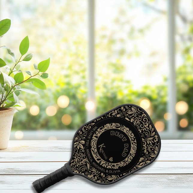 Palas De Pickleball Monograma del patrón floral de oro negro personali (Personalized Black Gold Floral Pattern Monogram Pickleball Paddle)