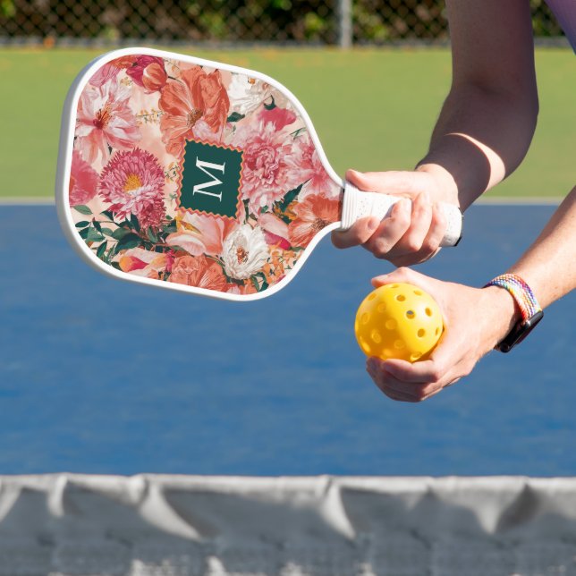 Palas De Pickleball Monograma del patrón floral rosado naranja (in situ)
