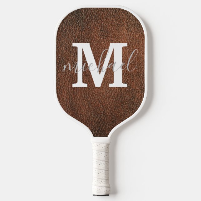 Palas De Pickleball monograma elegante de cuero marrón personalizado