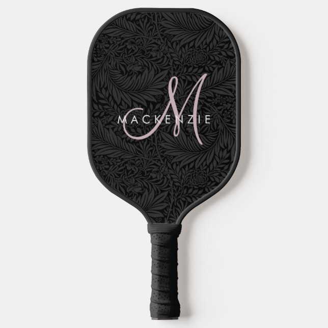 Palas De Pickleball Monograma elegante de escritura rosa floral negro  (Anverso)
