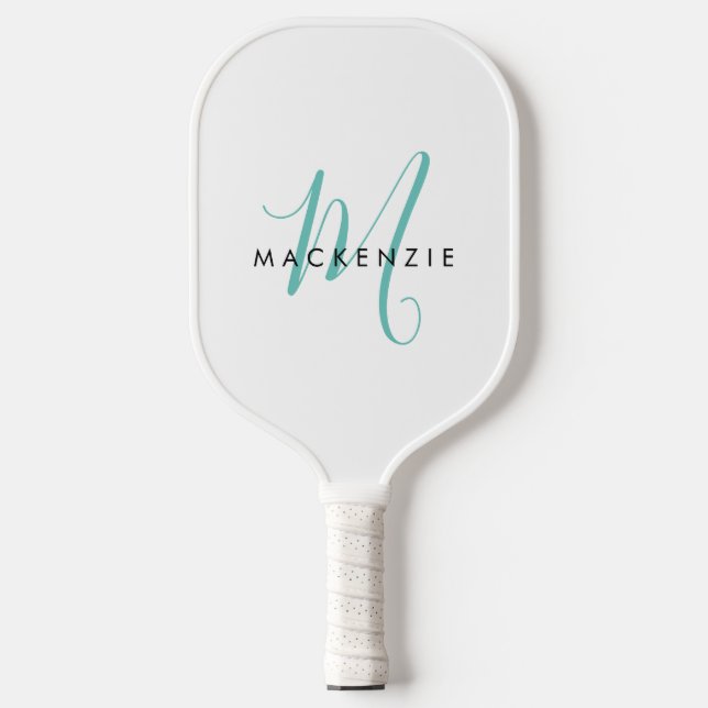 Palas De Pickleball Monograma elegante de escritura Verde azulada blan (Anverso)