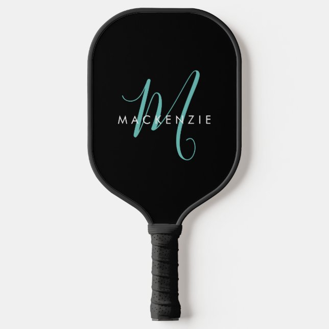 Palas De Pickleball Monograma elegante de escritura Verde azulada negr (Anverso)