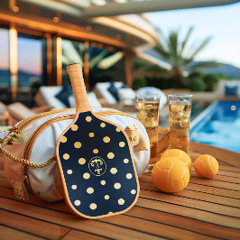Palas De Pickleball Monograma elegante de la marina náutica azul y oro