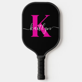 Palas De Pickleball Monograma Elegante de Negro y Rosa Script