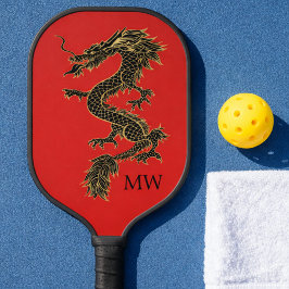 Palas De Pickleball Monograma elegante del dragón de oro rojo chino