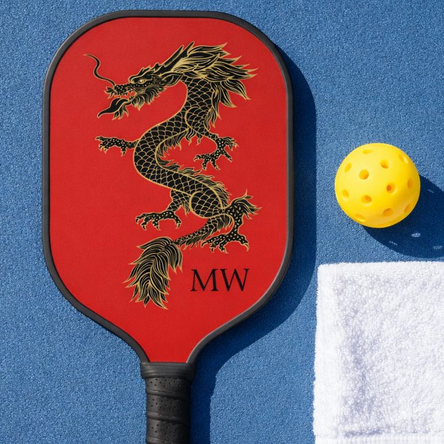 Palas De Pickleball Monograma elegante del dragón de oro rojo chino (Unique Pickleball Player Paddle. Dragon style. Perfect for dinking and staying out of the kitchen. )