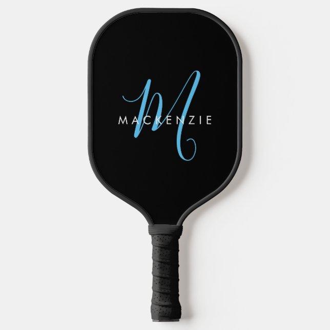 Palas De Pickleball Monograma elegante moderno con guión azul del ciel (Anverso)
