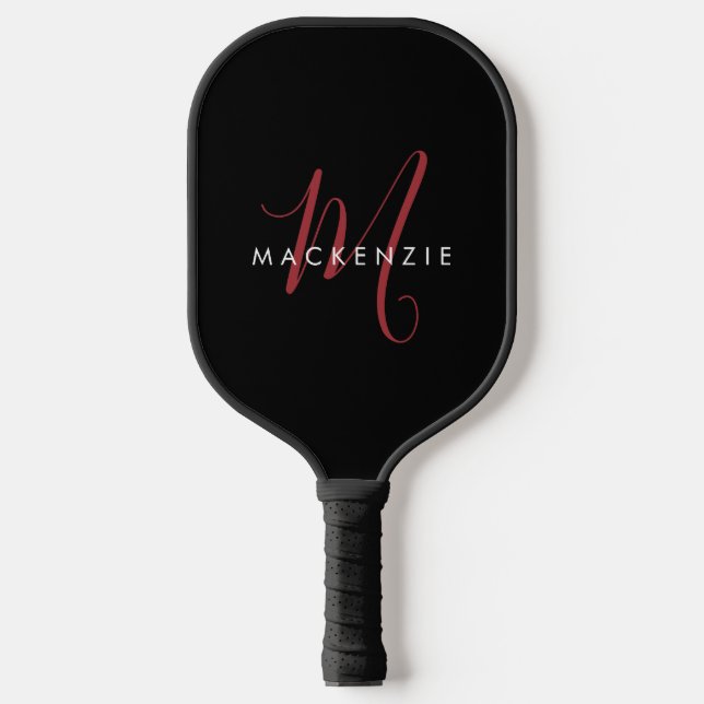 Palas De Pickleball Monograma elegante moderno de escritura roja negra (Anverso)