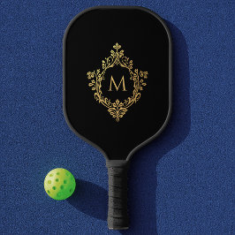Palas De Pickleball Monograma elegante negro en Escudo de oro falso