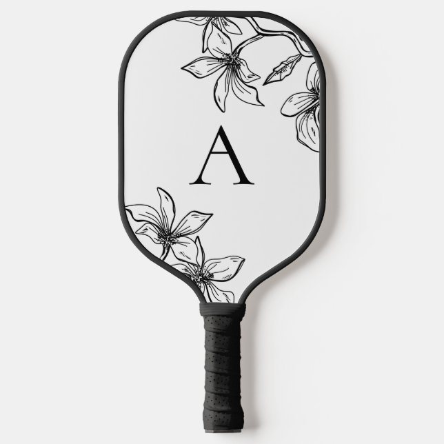 Palas De Pickleball Monograma floral blanco y negro moderno (Anverso)