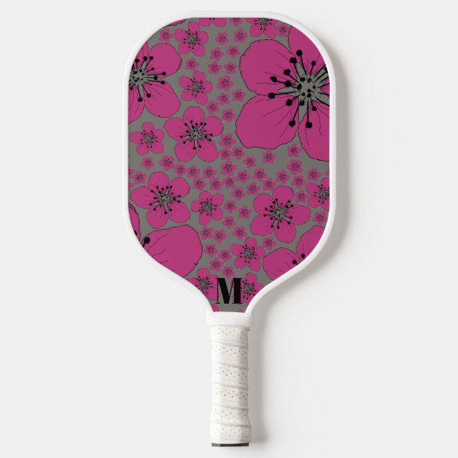 Palas De Pickleball Monograma floral rosa y negro moderno (Anverso)