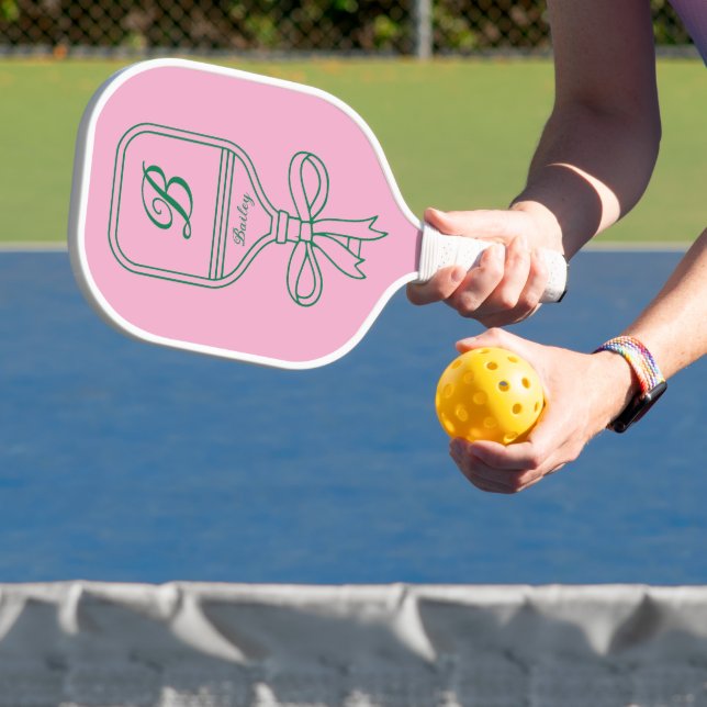 Palas De Pickleball Monograma Green Bow Pink Pickleball Paddle (in situ)