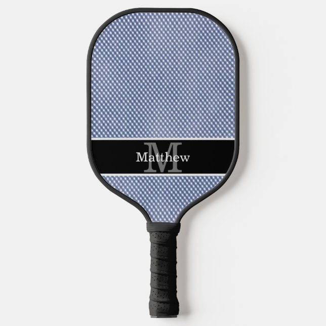 Palas De Pickleball Monograma inicial de Blue Gingham Checkered (Anverso)
