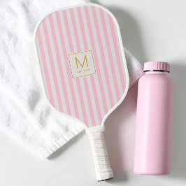 Palas De Pickleball Monograma Inicial Dorado Simple con Rayas Rosadas 
