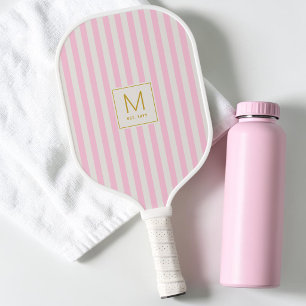 Palas De Pickleball Monograma Inicial Dorado Simple con Rayas Rosadas