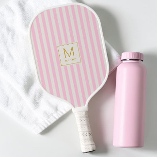 Palas De Pickleball Monograma Inicial Dorado Simple con Rayas Rosadas