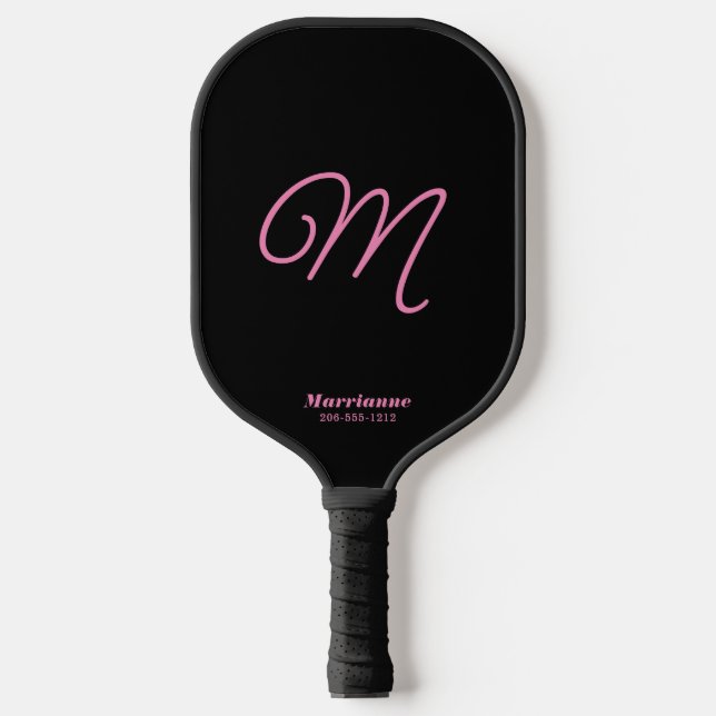 Palas De Pickleball Monograma inicial simple rosado y negro recortado (Anverso)