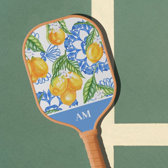 Palas De Pickleball Monograma italiano Lemon Blue Tiles (Mediterranean Italian Ceramic Art Lemons Pattern Monogram Pickleball Paddle)