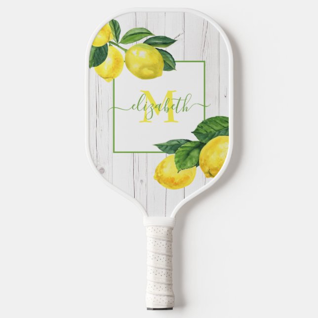Palas De Pickleball Monograma limones de campo acuarela en madera rúst (Anverso)