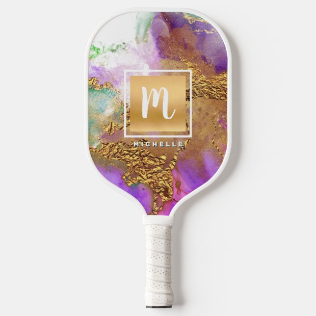 Palas De Pickleball Monograma Marble Relieve metalizado dorado acuarel (Anverso)