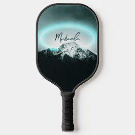 Palas De Pickleball Monograma misterioso de neón azul de montaña nevad