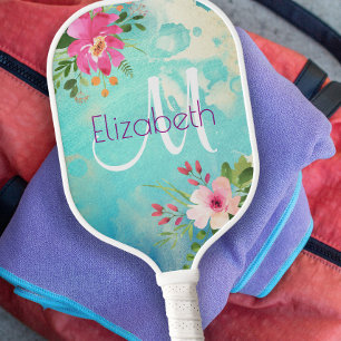 Palas De Pickleball Monograma moderno de acuarela floral azul turquesa