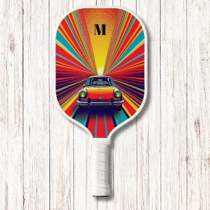 Palas De Pickleball Monograma moderno de arco iris retro de coche vint
