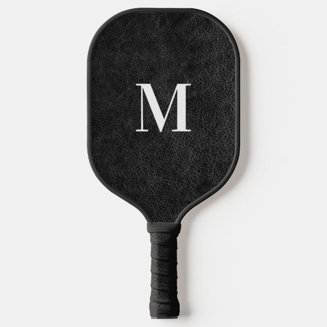 Palas De Pickleball Monograma moderno de cuero negro falso (Anverso)