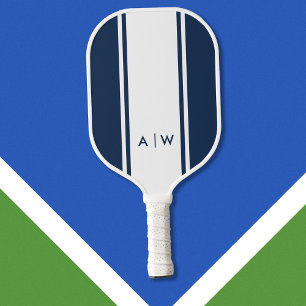 Palas De Pickleball Monograma moderno de franja blanca azul de la Mari