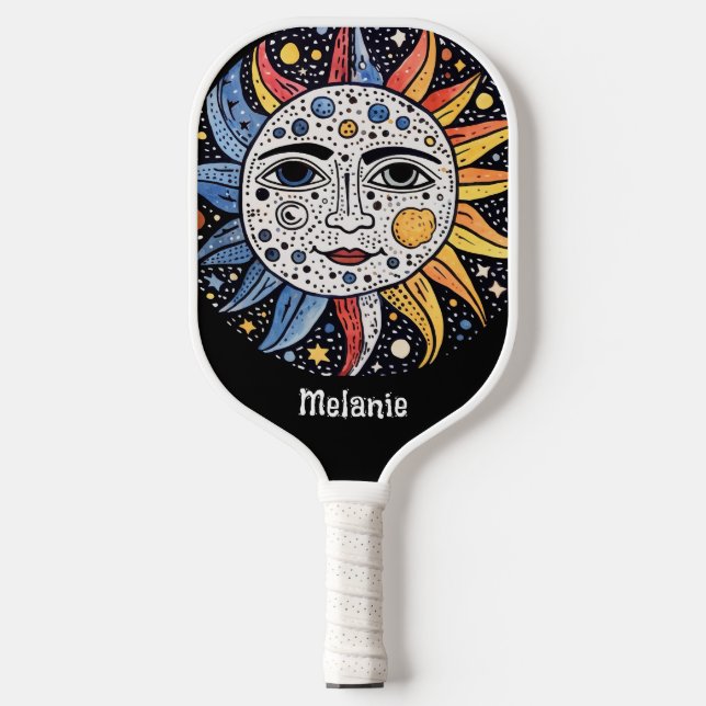 Palas De Pickleball Monograma moderno de luna de sol celeste (Anverso)