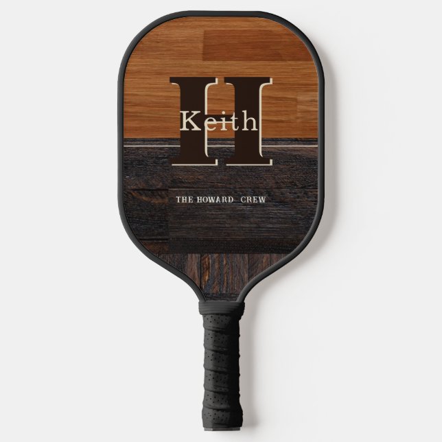 Palas De Pickleball Monograma moderno de madera rústica tono marrón (Anverso)