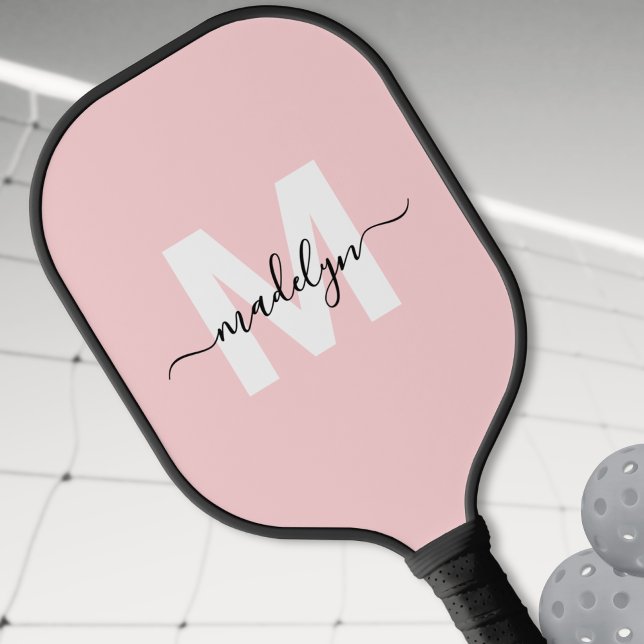 Palas De Pickleball Monograma Moderno de Nombre Personalizado Rosa Rub (Custom Blush Pink Modern Name Monogram Pickleball Paddle)