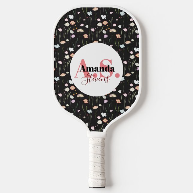 Palas De Pickleball Monograma moderno de patrón de flor de campo blanc (Anverso)