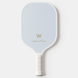 Palas De Pickleball Monograma moderno en guión dorado azul polvoriento