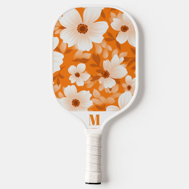 Palas De Pickleball Monograma moderno naranja y flor blanca (Reverso )