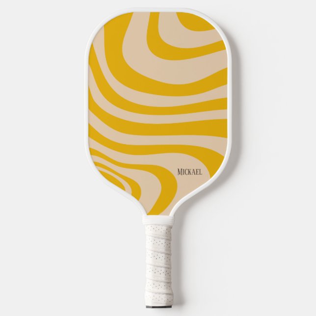 Palas De Pickleball Monograma moderno retro ondulado blanco y amarillo (Anverso)