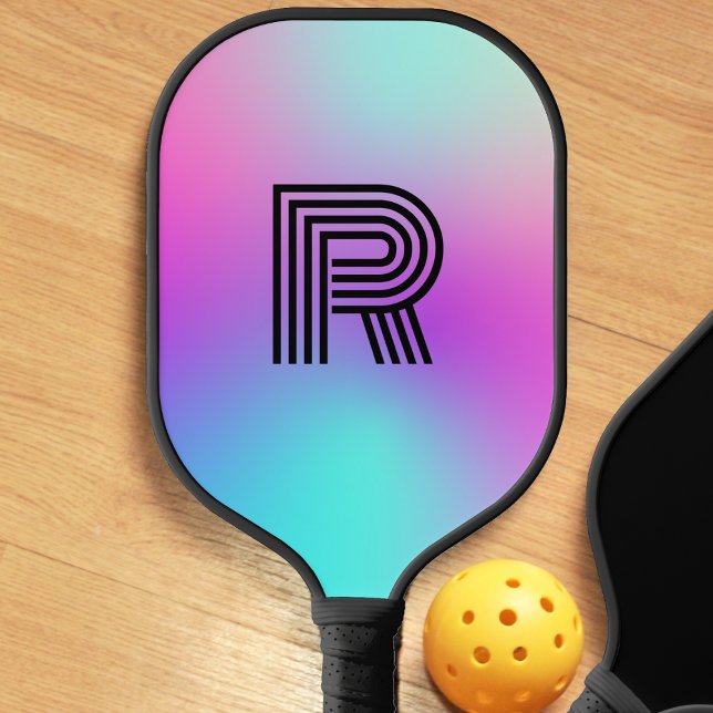 Palas De Pickleball Monograma Neón Azul Rosa y Morado Ombre (pink blue and purple neon ombre monogram pickleball paddle)