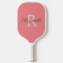 Palas De Pickleball Monograma Nombre Coral Rosa Inicial Gris Blanco