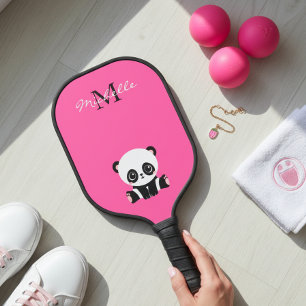 Palas De Pickleball Monograma Nombre Cute Panda Simple Rosa