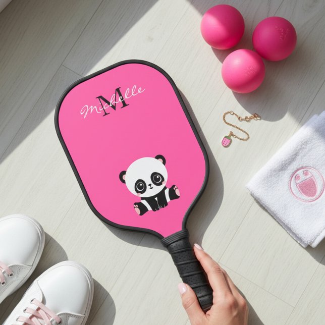 Palas De Pickleball Monograma Nombre Cute Panda Simple Rosa (Subido por el creador)