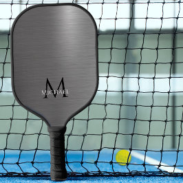 Palas De Pickleball Monograma Nombre Metálico Inicial Gris Negro Elega