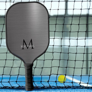 Palas De Pickleball Monograma Nombre Metálico Inicial Gris Negro Elega