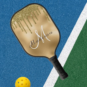Palas De Pickleball Monograma Nombre Purpurina dorado amarillo